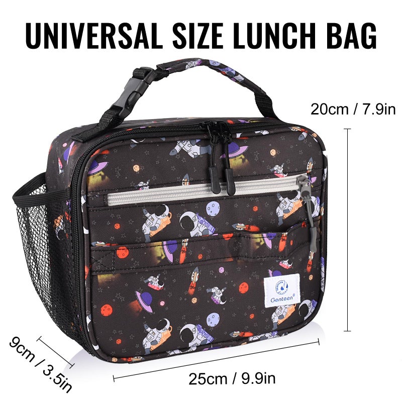 Genteen Insulated Lunch Bag with Shoulder Strap  Kids Prints Lunch Bag Double Zipper & Side Pocket Kids Lunch Bag Sturdy Soft Bag & Cooler Bag Back to School for Girls  Boys - Astronaut - Image 2
